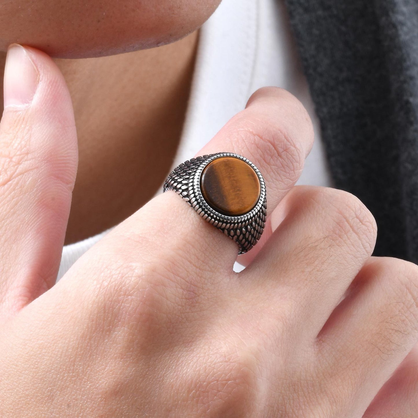Men’s Stainless Steel Signet Ring – Natural Stone Seal Design (Black Onyx / Turquoise / Tiger Eye) RC-685