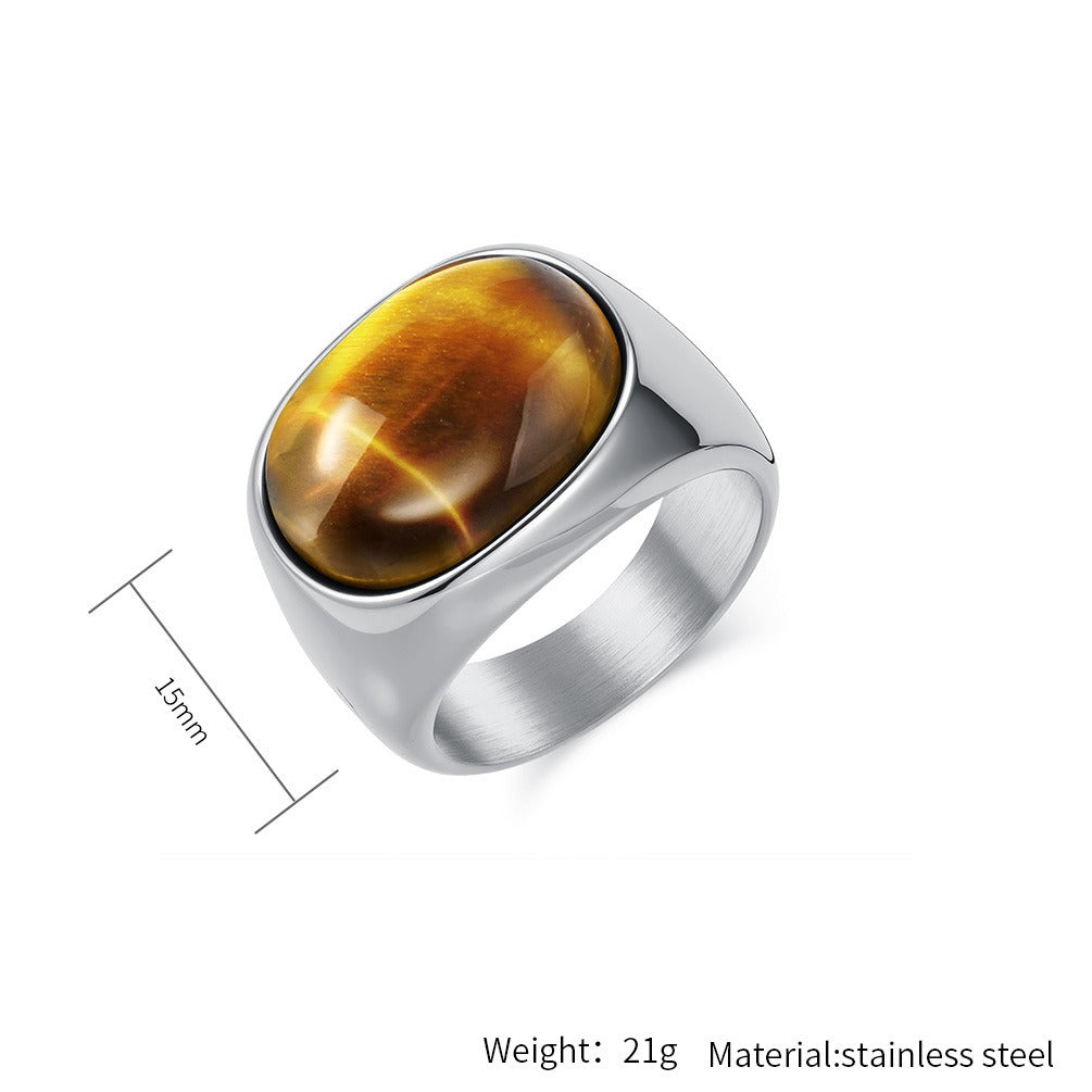 Kemstone Men’s Stainless Steel Tiger Eye Ring – Vintage Oval Gemstone Band K-R1030