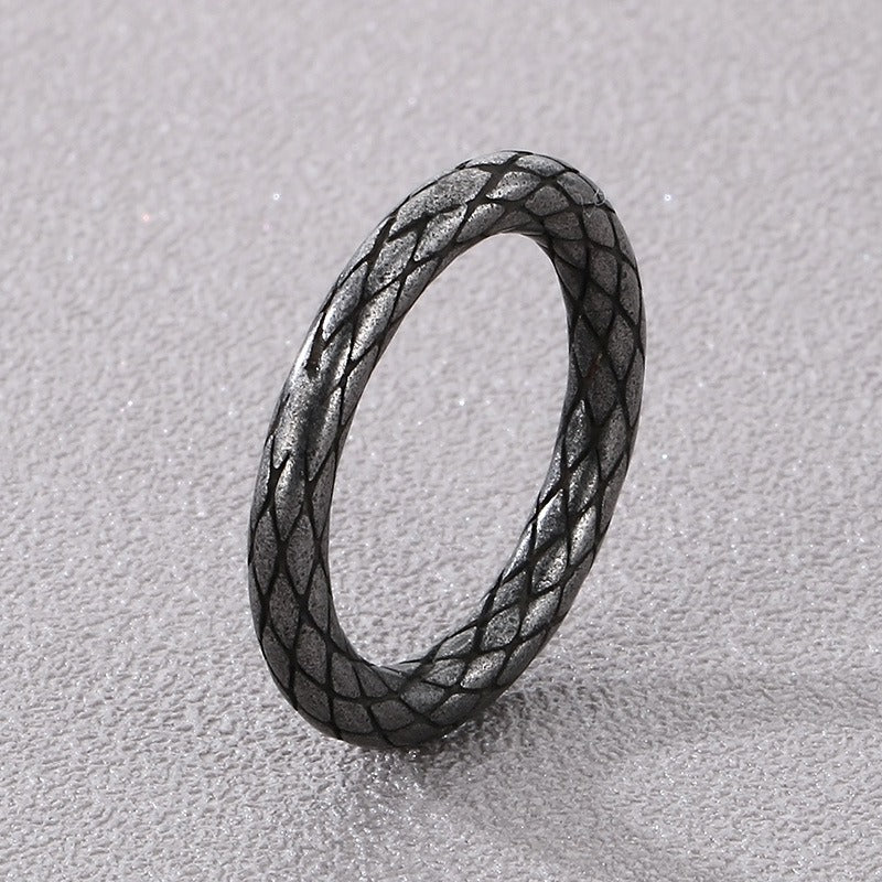 Kemstone Serpent Grid Ring – Distressed Stainless Steel Circle Band for Men | Gothic Punk Street Style KR1088455