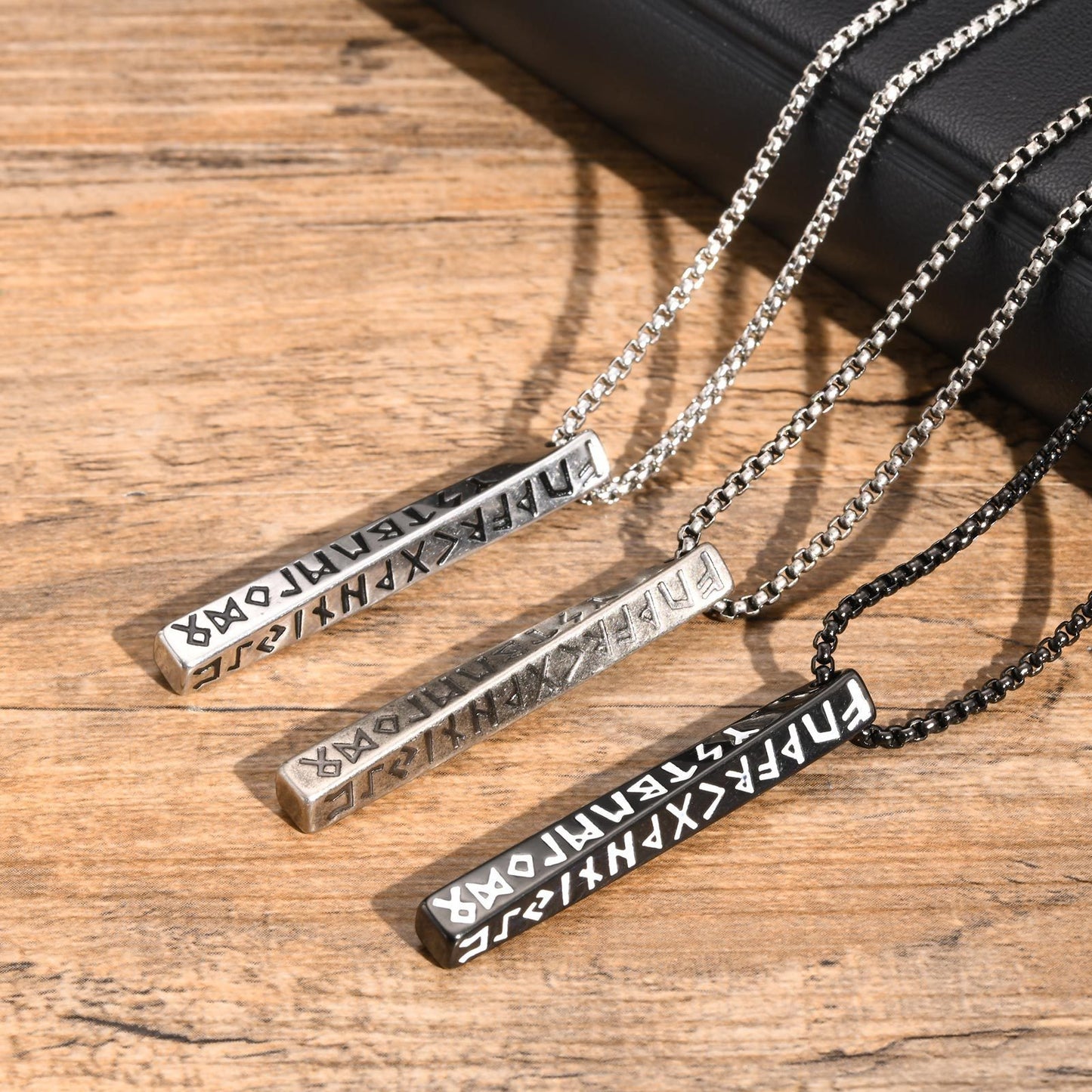 Kemstone Nordic Rune Bar Necklace – Stainless Steel Viking Pendant, Elder Futhark Engraving NC-1383