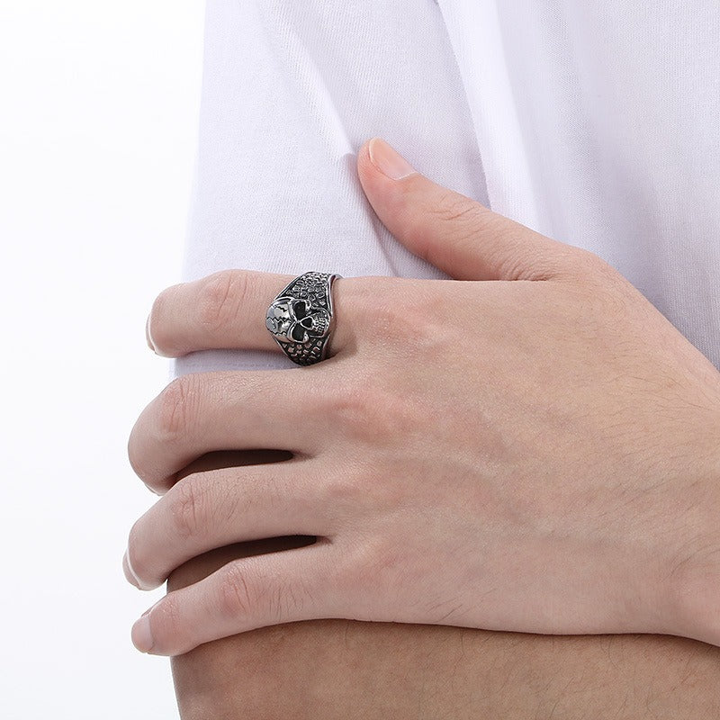 Kemstone Men’s Skull Texture Ring – Gothic Punk Stainless Steel Power Symbol KR111642-GC