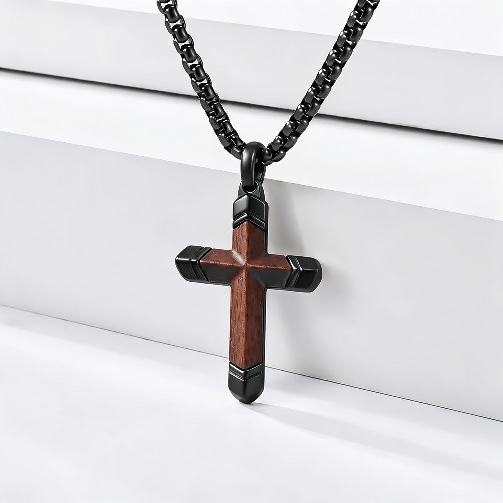 Kemstone Wood Cross Necklace for Men Stainless Steel Metal Accent Pendant K-PT736