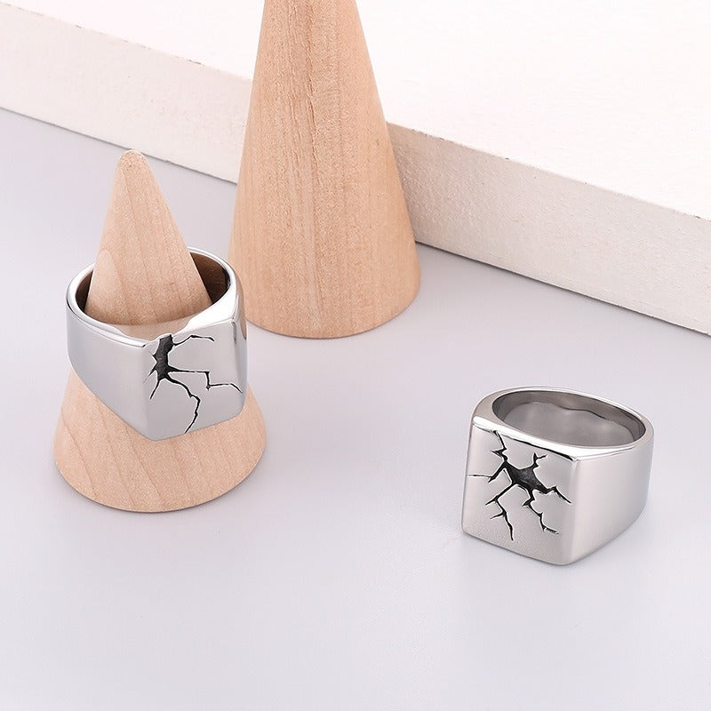Kemstone Cracked Texture Stainless Steel Signet Ring – Gothic Punk Style for Men KR105940-GC
