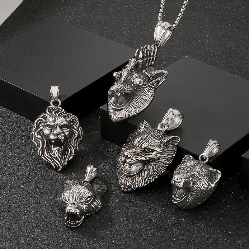 Kemstone Predator Series - Collana con ciondolo leone/lupo/volpe in acciaio al titanio opaco per abbigliamento punk da uomo KP79439-BD