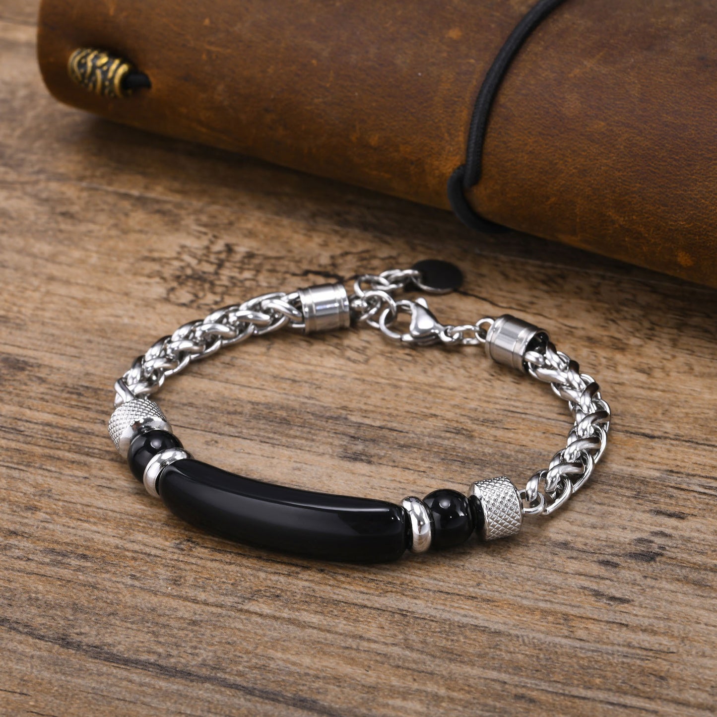 Kemstone Men’s Stainless Steel Beaded Chain Bracelet – Tiger Eye & Black Onyx, Gothic Norse Street Style BR-1716