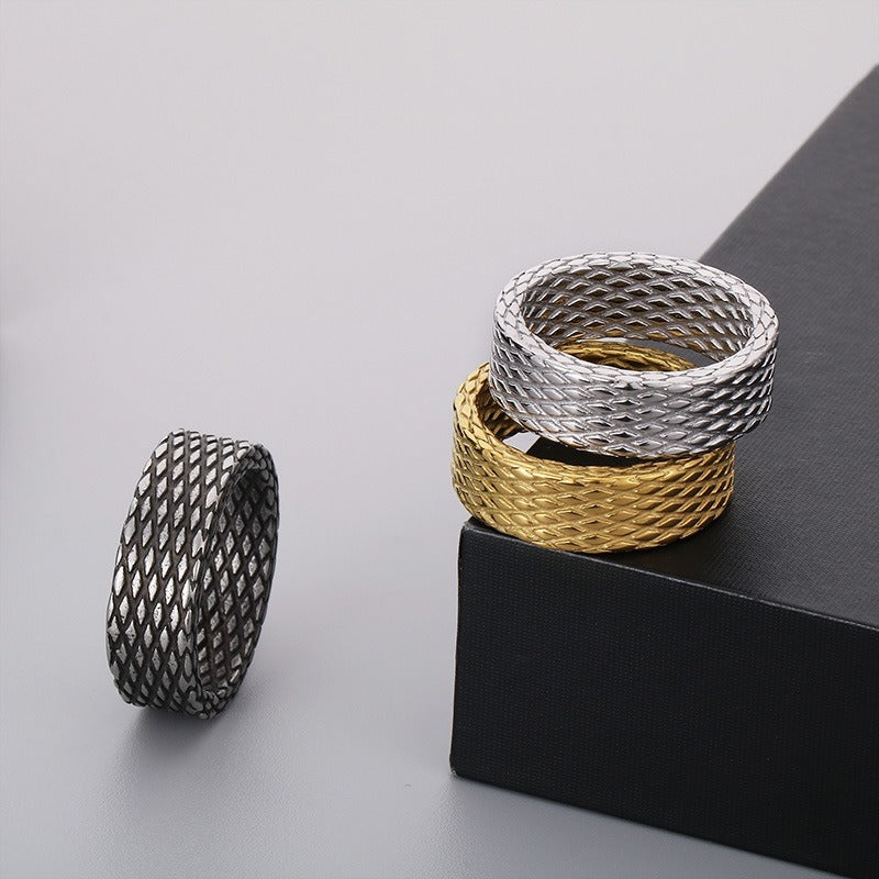 Kemstone Textured Stainless Steel Men’s Ring – Diamond Mesh Pattern, Gothic Street Style KR105816