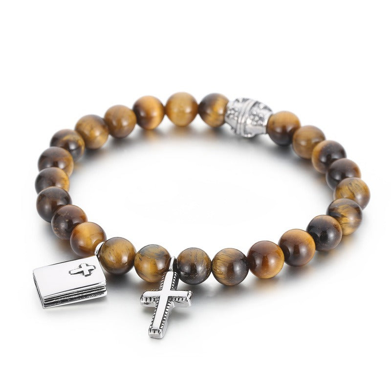 Kemstone Black Onyx Beaded Bracelet – CZ Crown, Freemason Cross & Tiger Eye Accent for Men’s Gothic Streetwear KB69789-BD