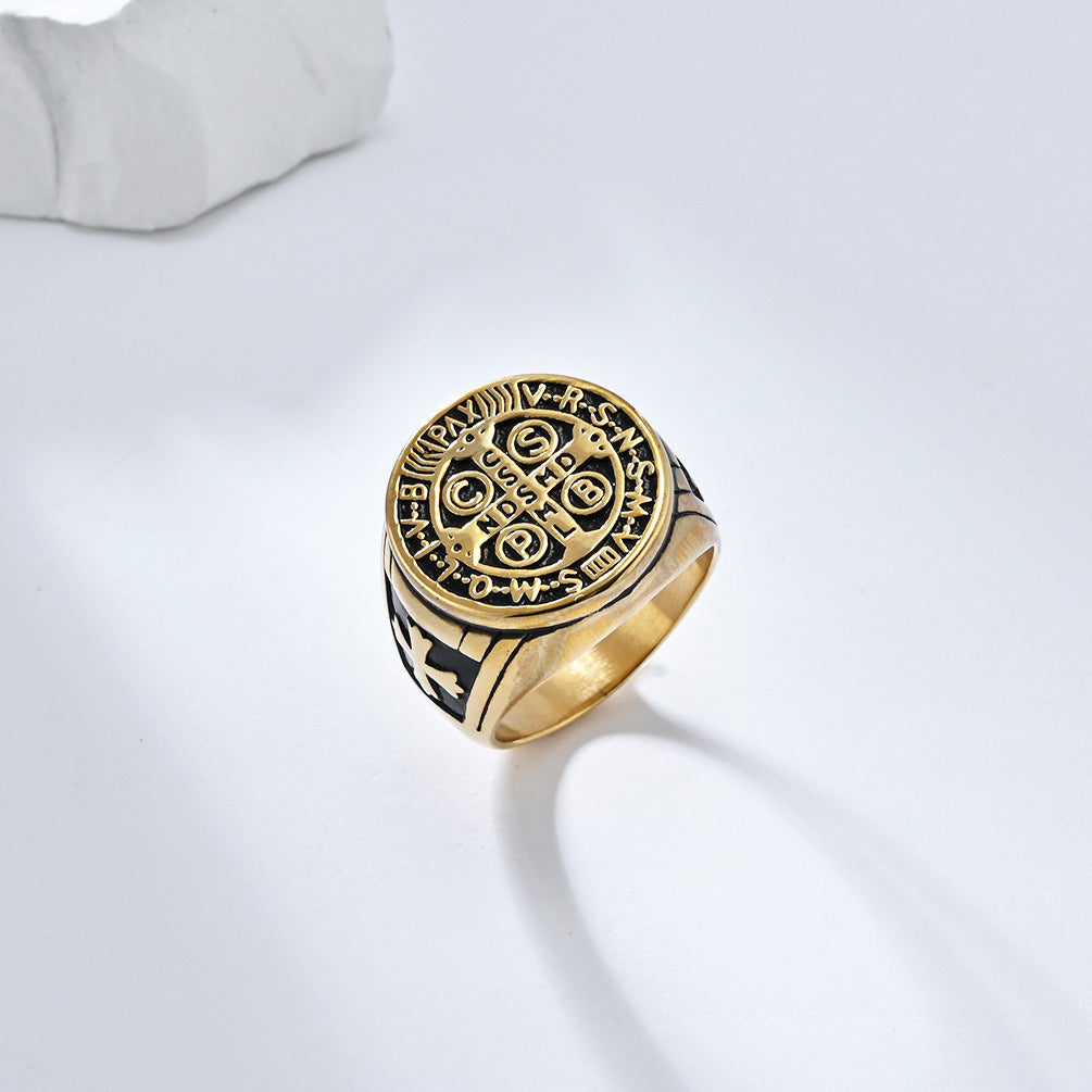 Kemstone Gothic Exorcist Ring – Vintage Stainless Steel Saint Benedict Cross Band for Men | Punk Streetwear Style