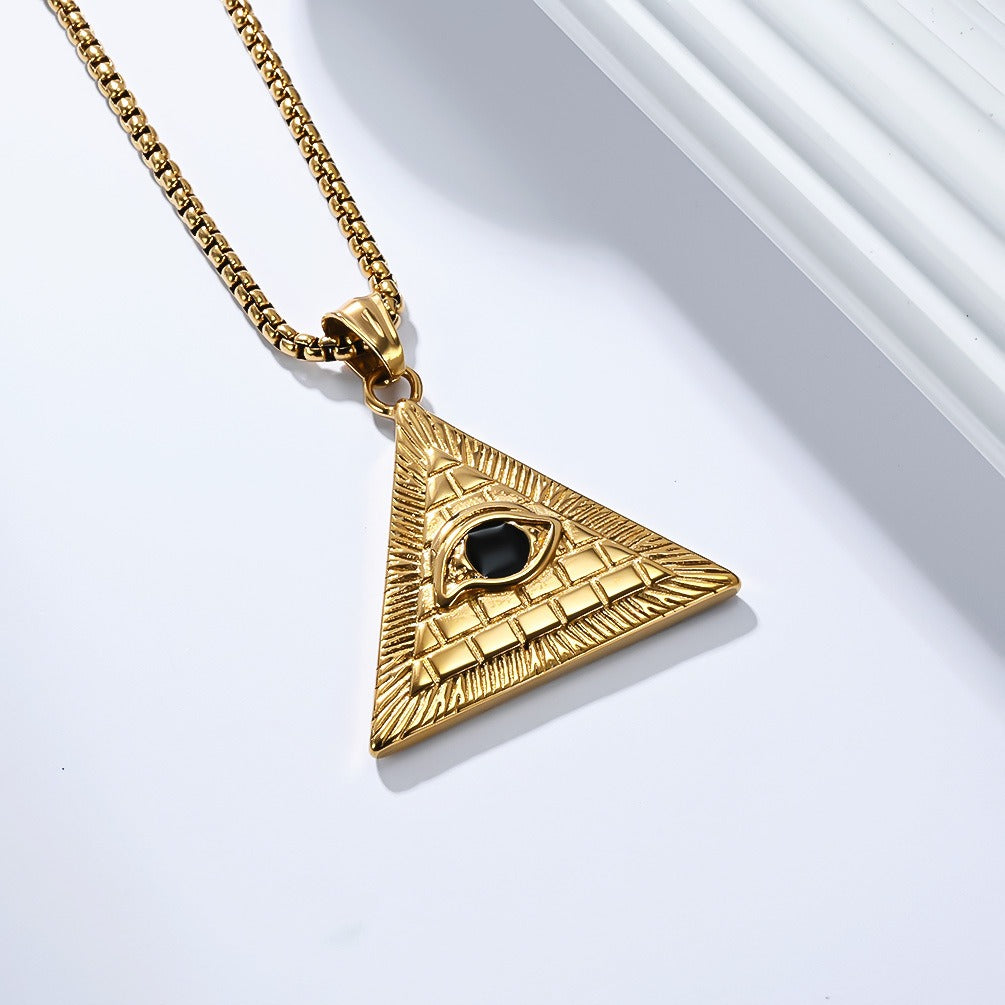 Kemstone Men’s Titanium Steel Pyramid Eye Necklace – Vintage Triangle Pendant K-PT660