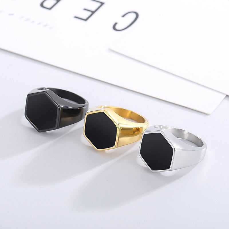 Kemstone Men’s Hexagon Signet Ring – Stainless Steel Black Epoxy Resin Inlay | Gothic Minimalist Jewelry KR105856-KFC