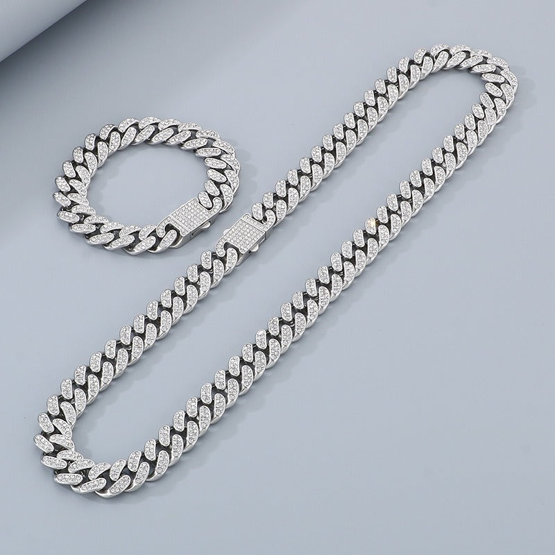 Kemstone Iced Out Cuban Link Chain & Bracelet – Heavy-Duty Titanium Steel Hip-Hop Jewelry KB170711