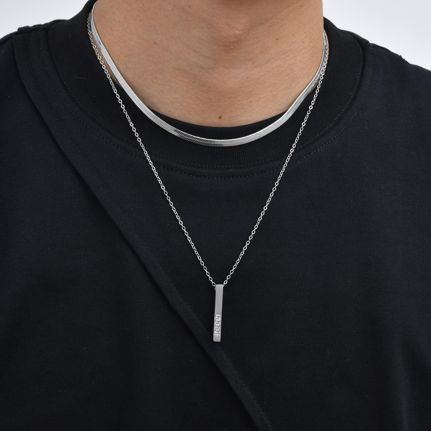Kemstone Stainless Steel Cubic Zirconia Bar Pendant Necklace for Men NC-2272
