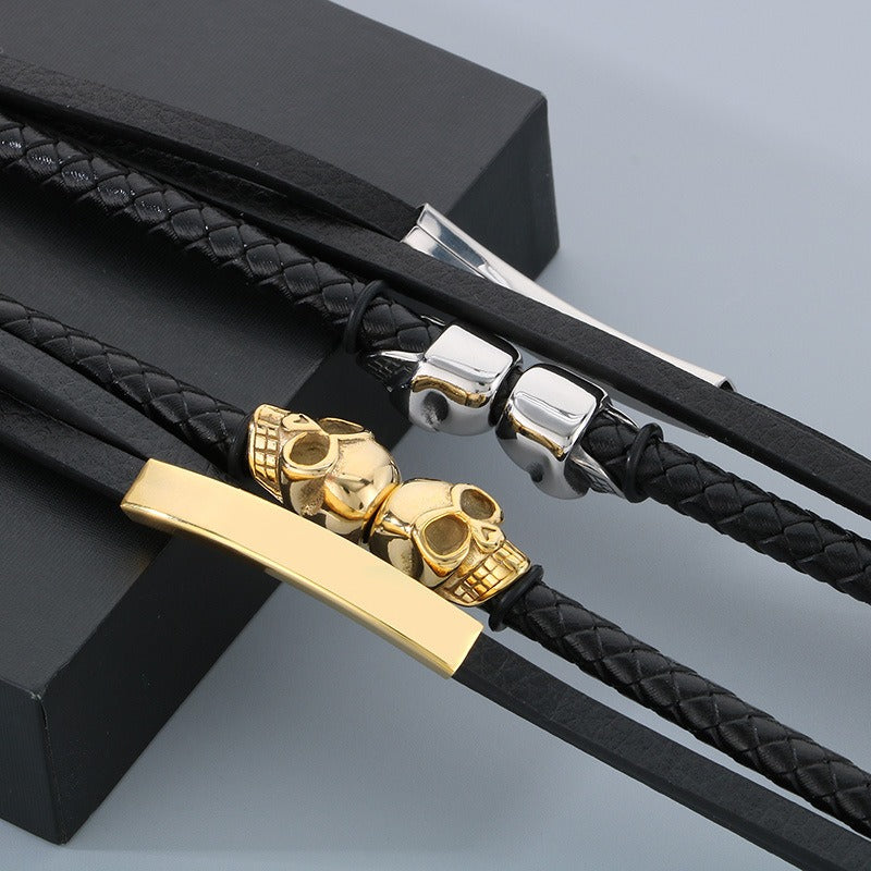 Kemstone Men’s Skull Leather Bracelet – Stainless Steel Punk Biker Jewelry KB180009