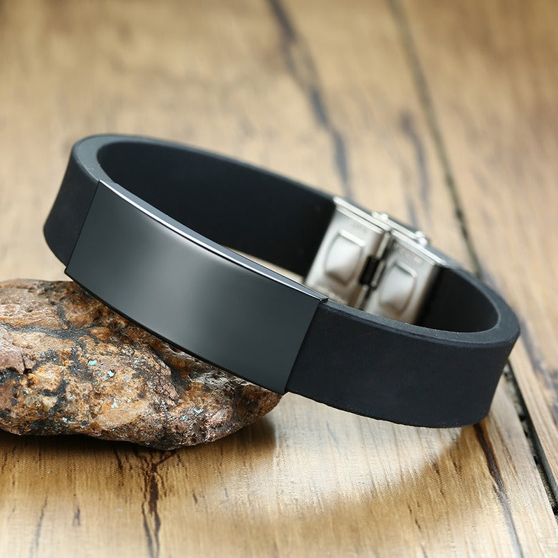 Kemstone Silicone & Stainless Steel Bracelet – Engravable Curved Plate Men’s Wristband BS-076