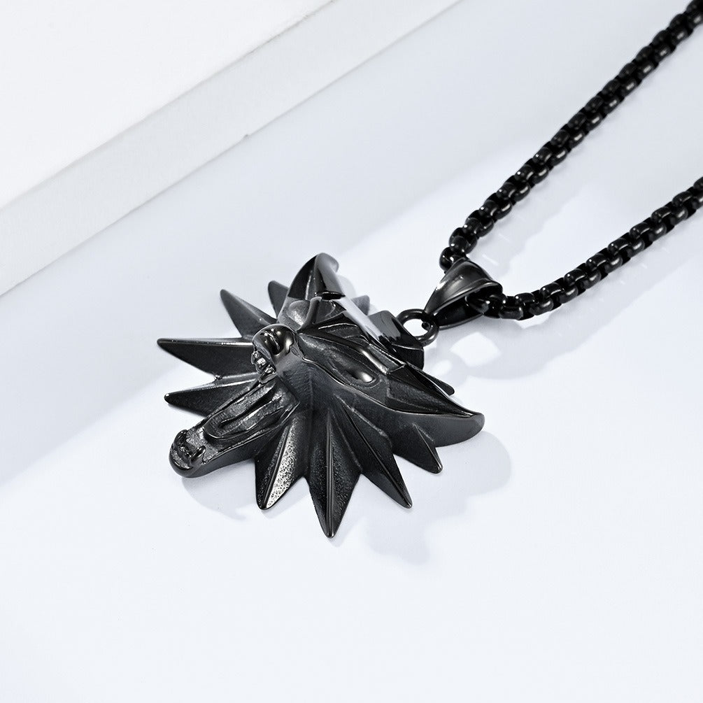 Kemstone Men’s Titanium Steel Wolf Head Pendant Necklace – Witcher Inspired K-PT552