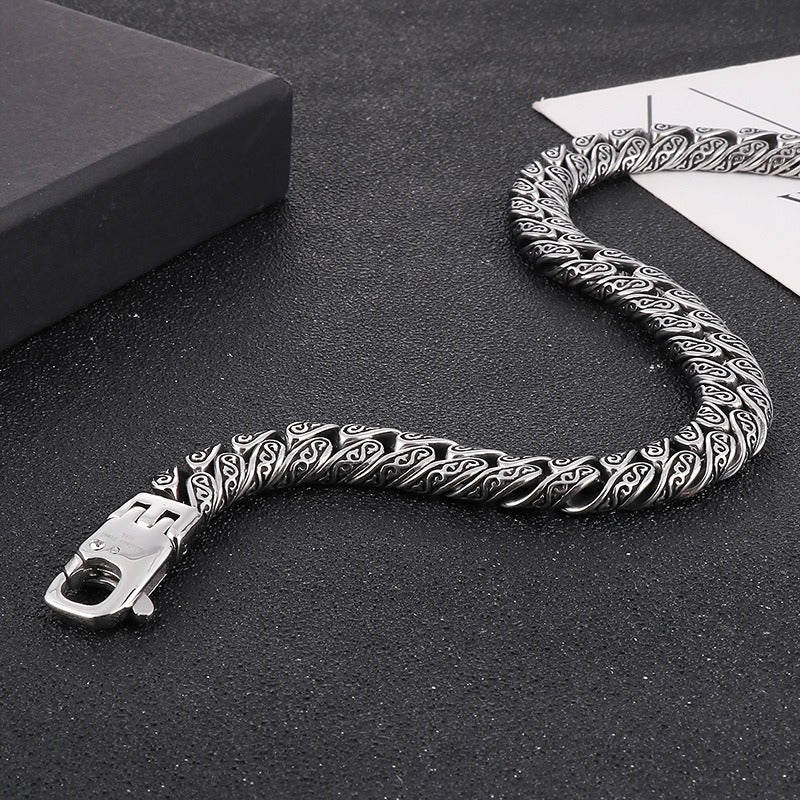 Kemstone Punk Vintage Distressed Geometric Buckle Men's Titanium Steel Inlaid Cubic Zirconia Cuban Chain Necklace KN232322