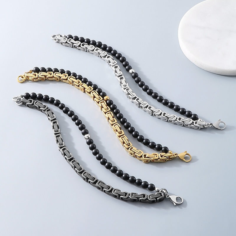 Kemstone Double Chain Bracelet for Men – Stainless Steel & Black Agate Beads, Viking Punk Style