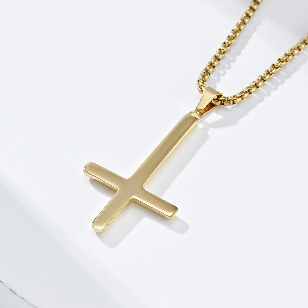 Kemstone Men’s Titanium Steel Inverted Cross Necklace – Gothic Pendant Silver/Gold/Black K-PT446