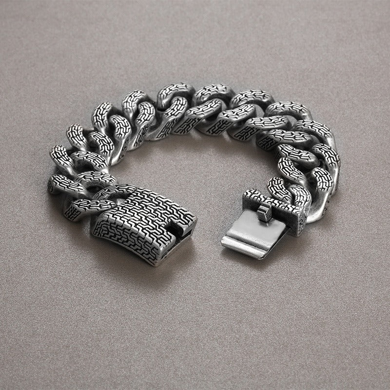 Kemstone Trident Textured Curb Chain Bracelet – Heavy Stainless Steel Viking Punk Streetwear KB179929