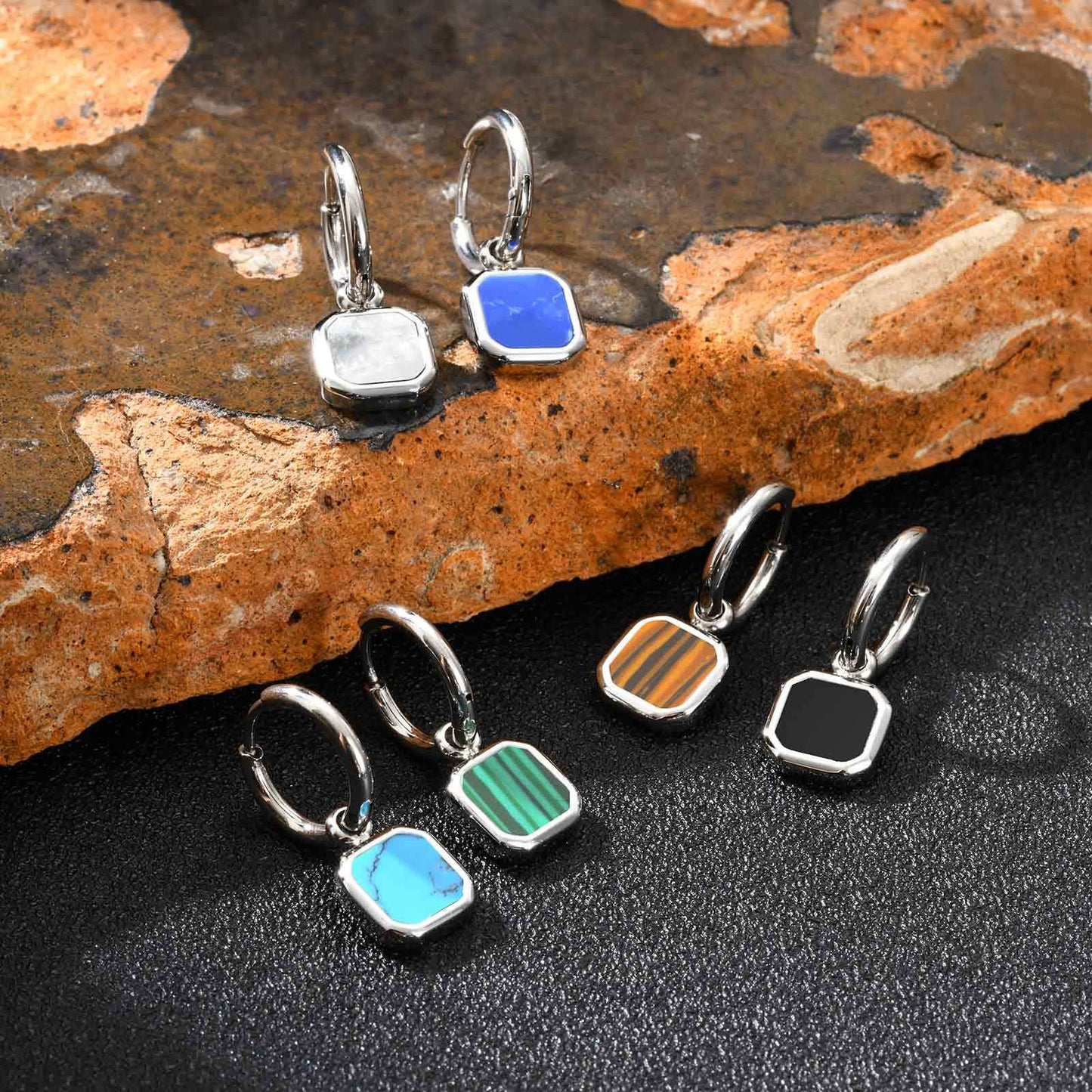 Kemstone Men & Women’s Stainless Steel Square Drop Earrings – Shell, Tiger Eye, Malachite ED-936