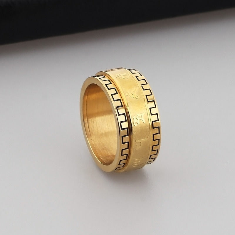 Anello Mantra Rotante Kemstone - Fascia in acciaio inossidabile con esagramma inciso e bordi strutturati per alleviare lo stress e favorire un flusso positivo KR37988-K