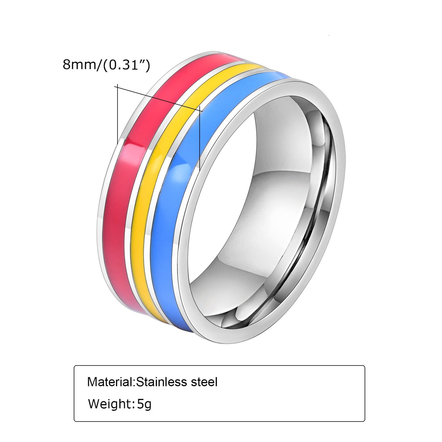 Anillo de cinta arcoíris Kemstone de 8 mm | Joya llamativa de acero de colores para uso diario y regalo PR-033