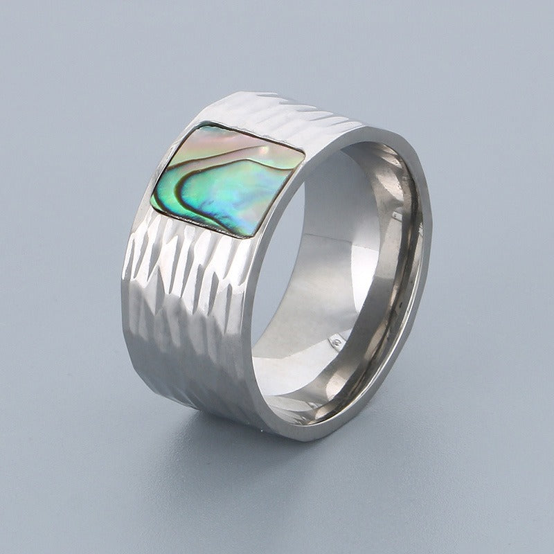 Kemstone Men’s Abalone Shell Ring – Hand-Hammered Stainless Steel Band KR110050