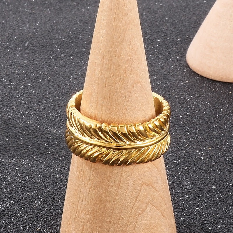 Kemstone Leaf Motif Titanium Steel Ring – Boho Gothic Nature-Inspired Punk Jewelry for Men KR108704