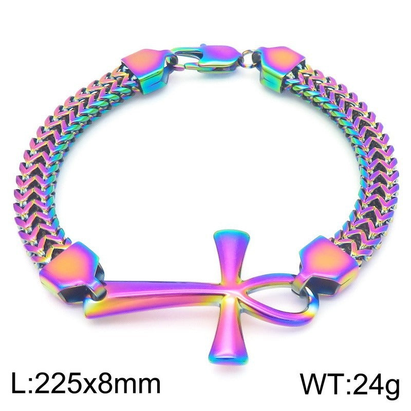 Kemstone Titanium Steel Rock 'n' Roll Dual-Weave Chain Bracelet with Vintage Cross Pendant KB164177-KFC