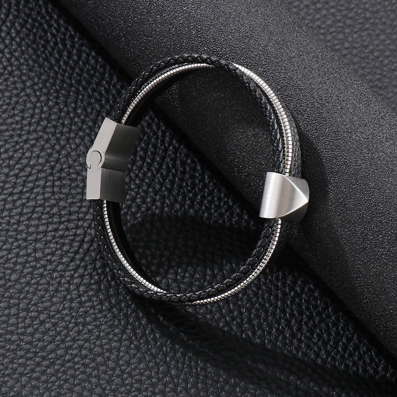 Kemstone Men’s Titanium Steel Leather Bracelet – Gold Snake Chain Wristband KB147381