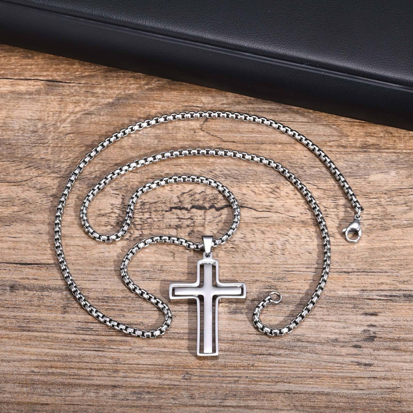 Men’s Rotating Cross Pendant Necklace – Gothic Dual-Layer Stainless Steel Chain PN-1998