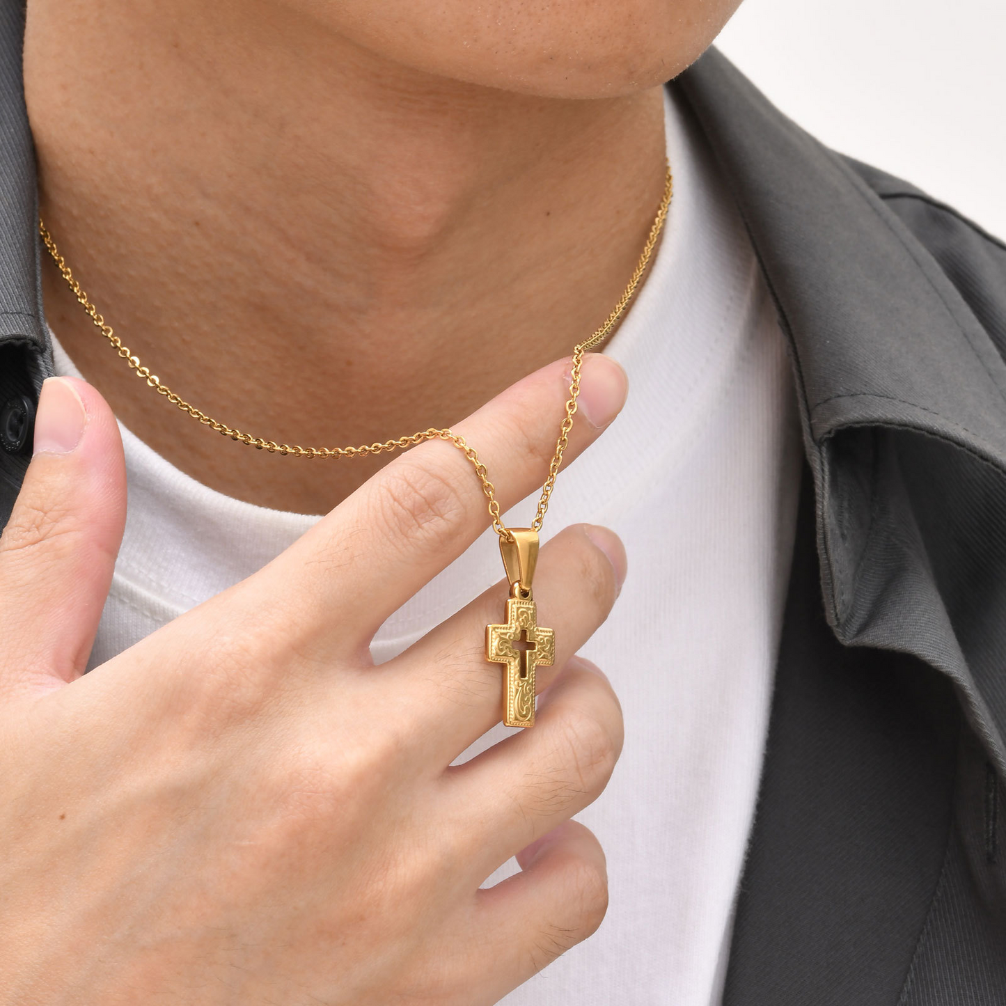 Kemstone Gold-Plated Stainless Steel Cross Pendant Necklace – Vintage Relief Style for Men & Women PN2009