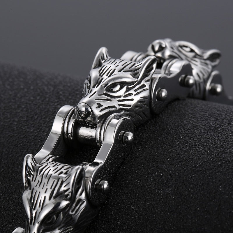 Kemstone Wolf Head Chain Bracelet – Titanium Steel Motorcycle-Inspired Men’s Jewelry KB152384