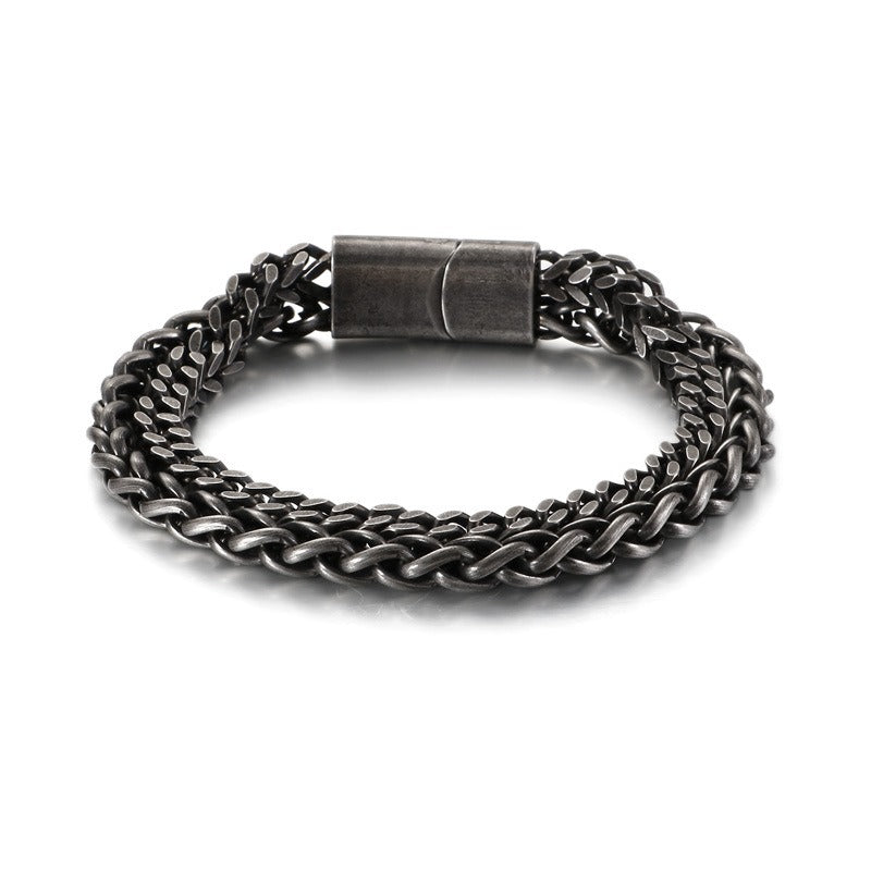 Kemstone Retro Hammered Barbell Titanium Steel Bracelet for Men: Vintage Style with Double Chain Detail KB123280