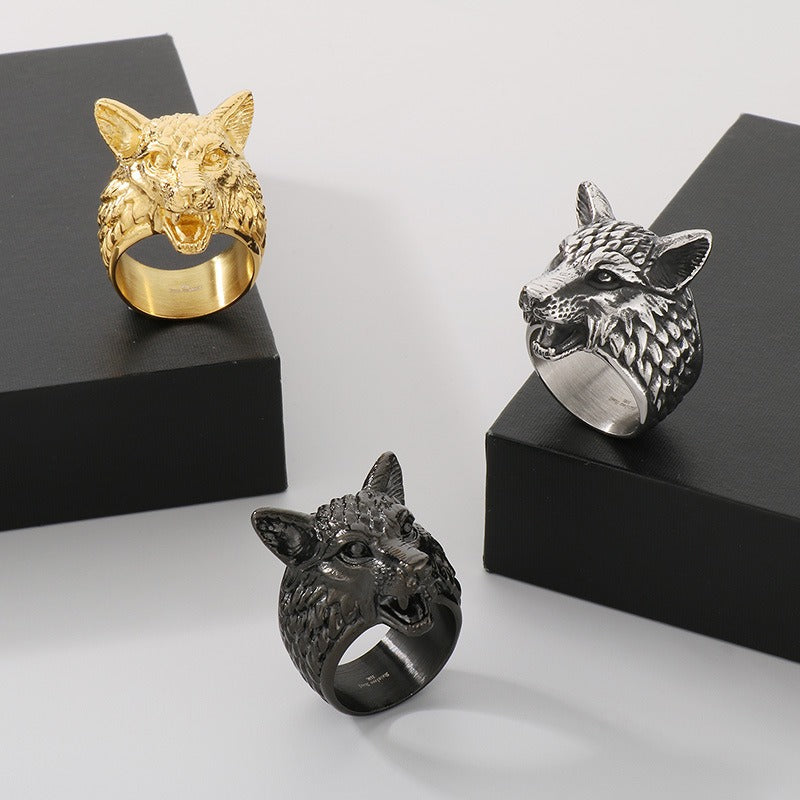Kemstone Viking Wolf Head Ring – Distressed Stainless Steel Punk Men's Jewelry KR111182-KJX