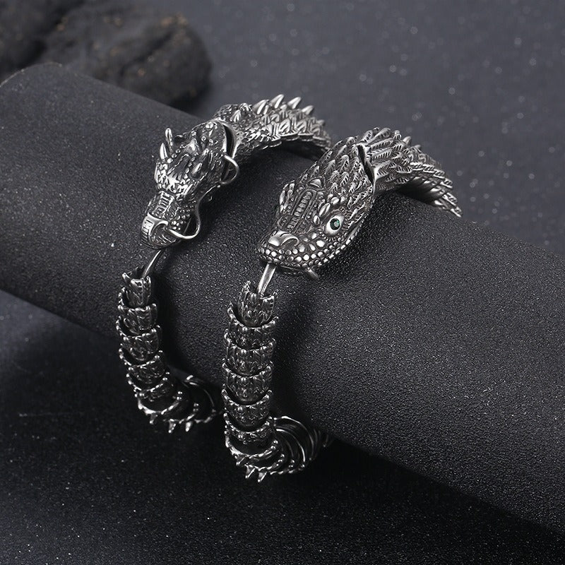 Kemstone Men’s Dragon Head Bracelet – Blackened Stainless Steel with Green Eyes KB170307