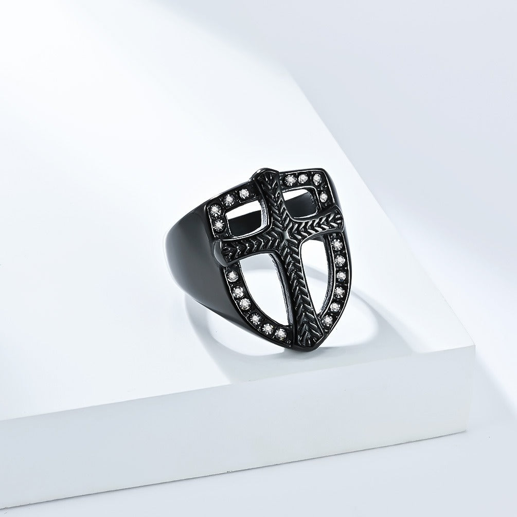Kemstone Stainless Steel Shield Cross Ring for Men – Silver, Gold, Black K-R1010