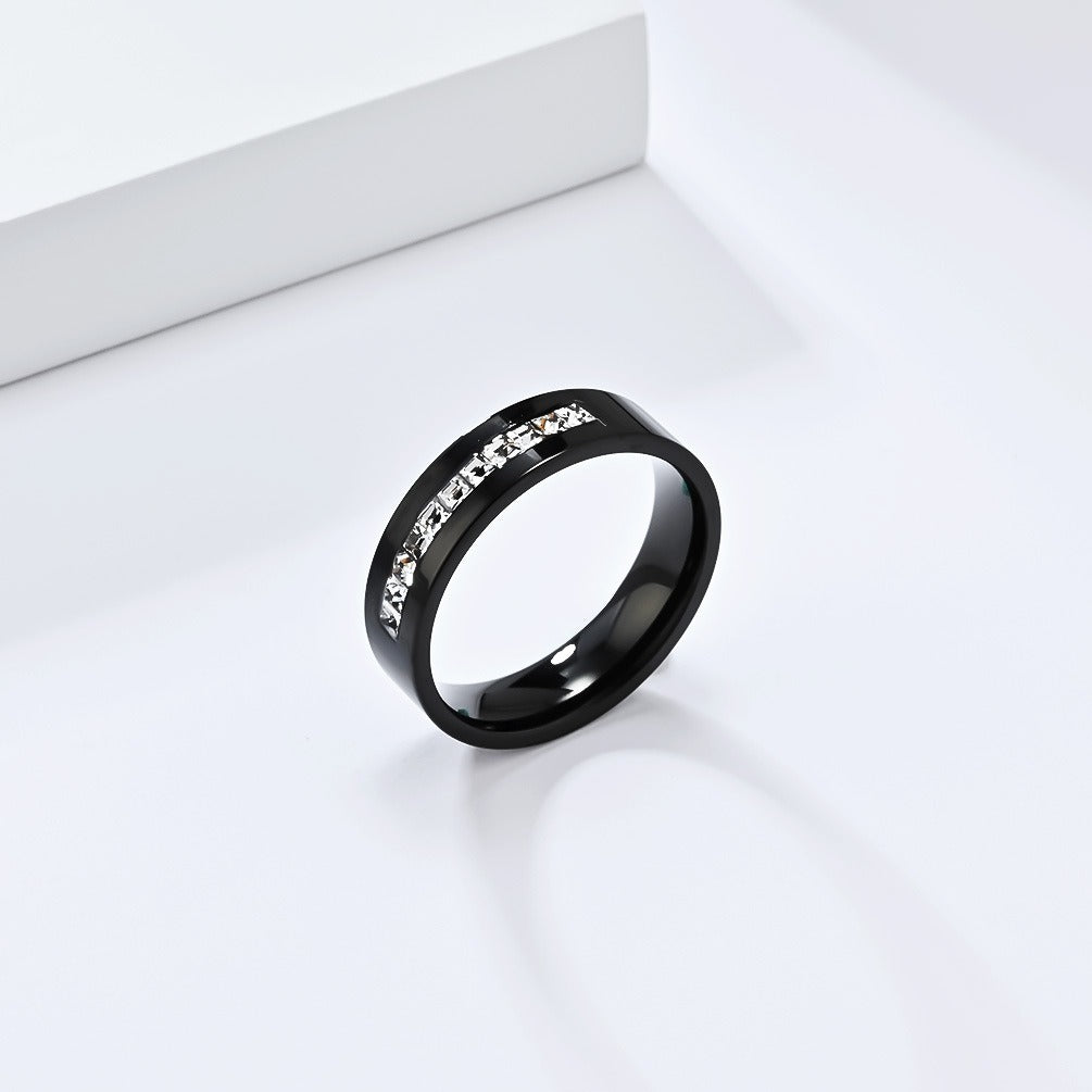 Elegante anillo cuadrado de acero y titanio con diamantes para mujer: un accesorio imprescindible para tus desplazamientos diarios K-R949