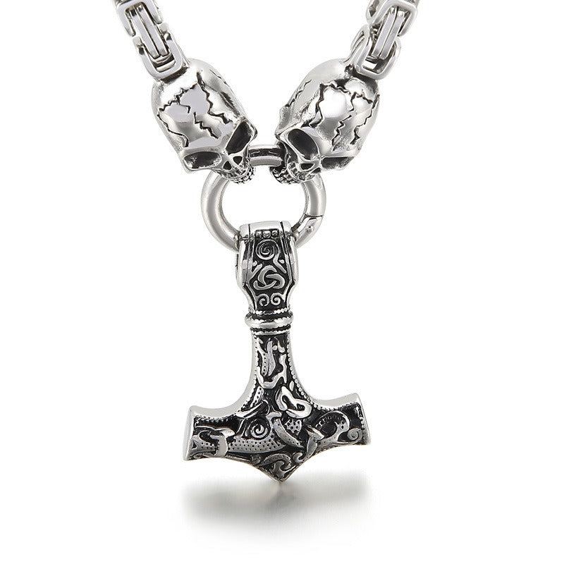Kemstone Viking Thor’s Hammer Pendant – Stainless Steel Norse Amulet with Skull Connector KP96348