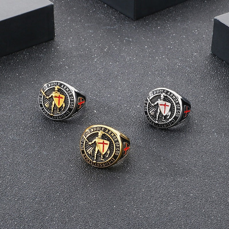 Anello con croce e scudo templare - Sigillo in acciaio inossidabile con armatura smaltata rossa | Gothic Street Faith KR112563