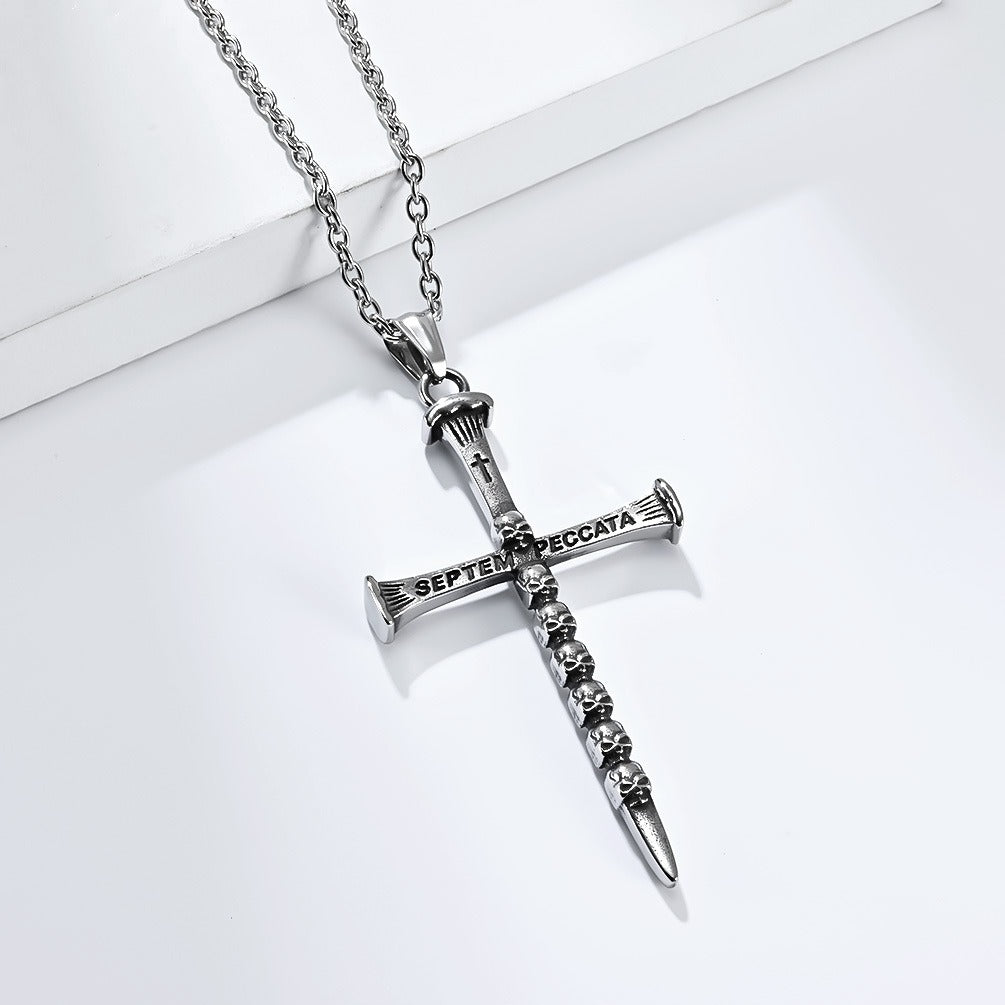 Kemstone Men’s Stainless Steel Skull Cross Necklace – Gothic Punk Pendant K-PT505