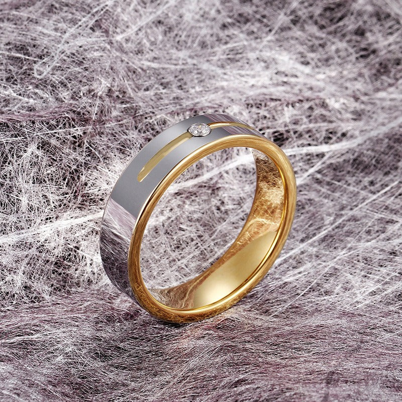 Anillo de pareja de acero de tungsteno Kemstone con detalle de un solo cristal – Joyería minimalista moderna KR40149
