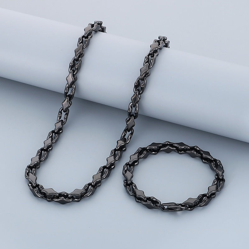 Kemstone Steel Link Jewelry Set – Men’s Hip-Hop Chain Necklace & Bracelet with Geometric Links