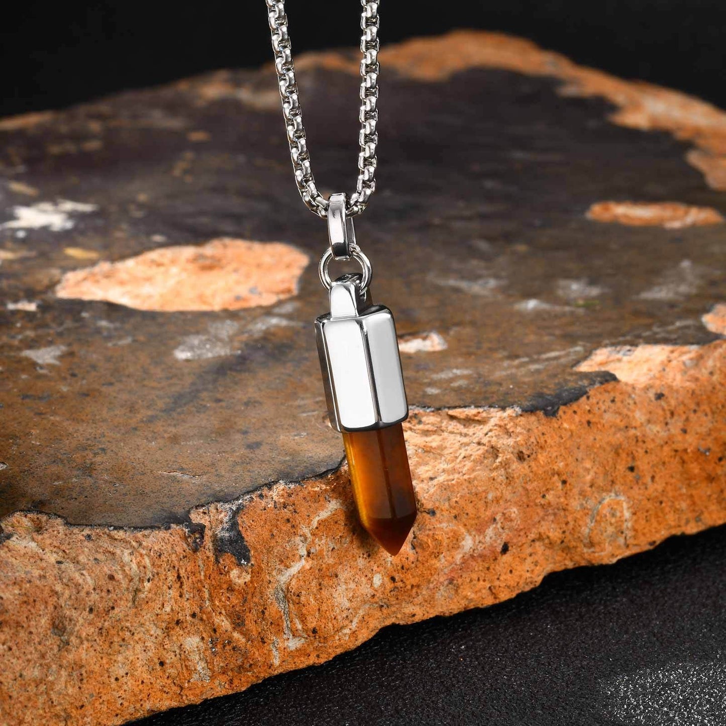 Kemstone Men’s Stainless Steel Bullet Pendant Necklace – Tiger Eye & Black Agate Minimalist Jewelry PN-2227