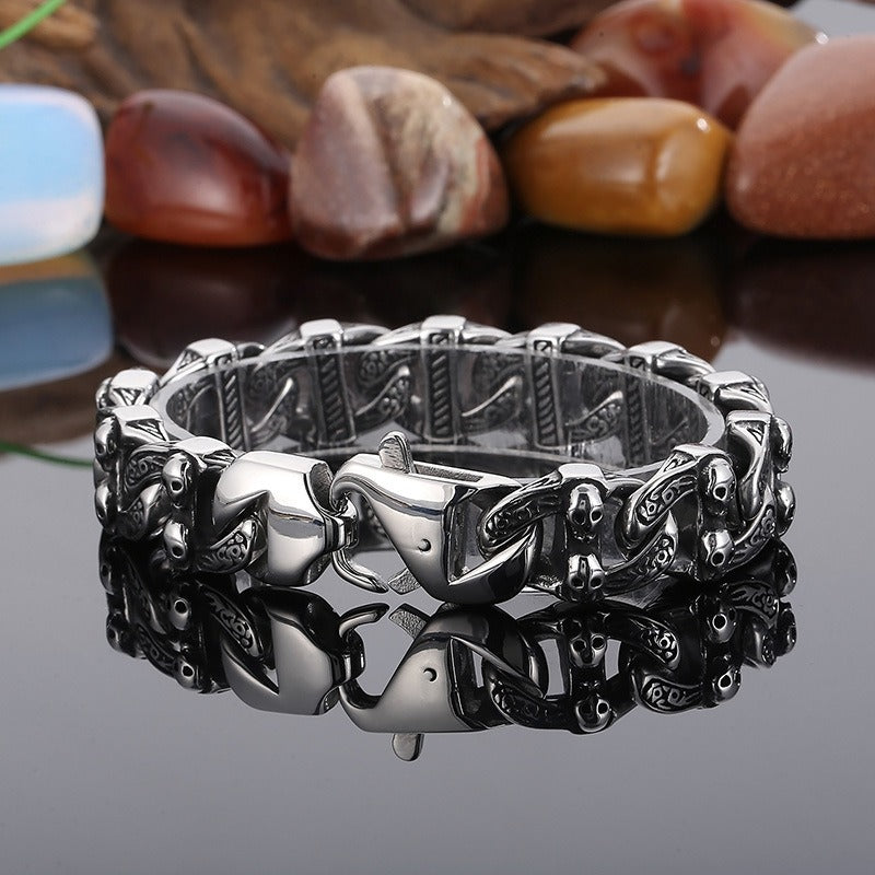 Kemstone Matte Black Skull Bracelet – Titanium Steel Cuban Chain for Men | Gothic Punk Streetwear Jewelry KB162805-KJX