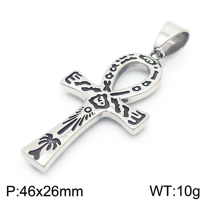 Kemstone Titanium Steel Punk Crown Cross Pendant – Vintage Hieroglyphic Engraved Necklace KP120067