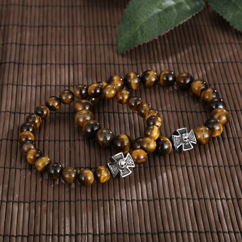 Kemstone Black Onyx Skull Bracelet – Gothic Cross, Howlite & Tiger Eye Beads with Adjustable Titanium Steel Chain for Men KB70686-BD