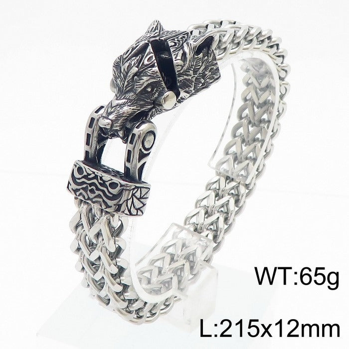 Bracciale Kemstone in acciaio al titanio con testa di aquila e lupo - Catena reversibile, design punk per uomo KB179515