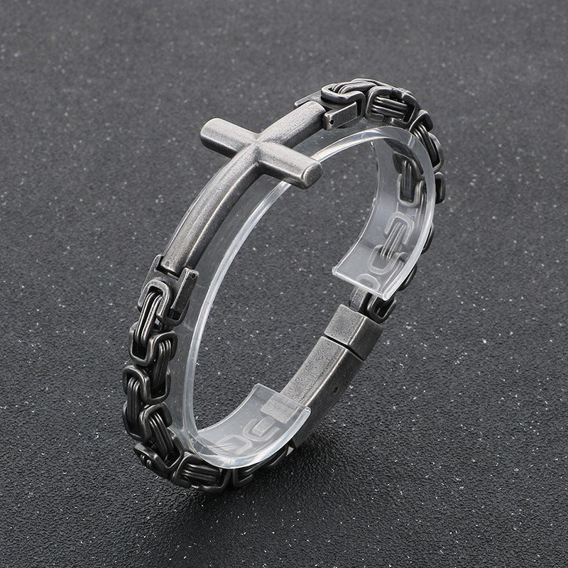Kemstone Rock Revival Cross Cuff - Byzantine Chain Titanium Bracelet for Men with Vintage Gothic Motif KB190501
