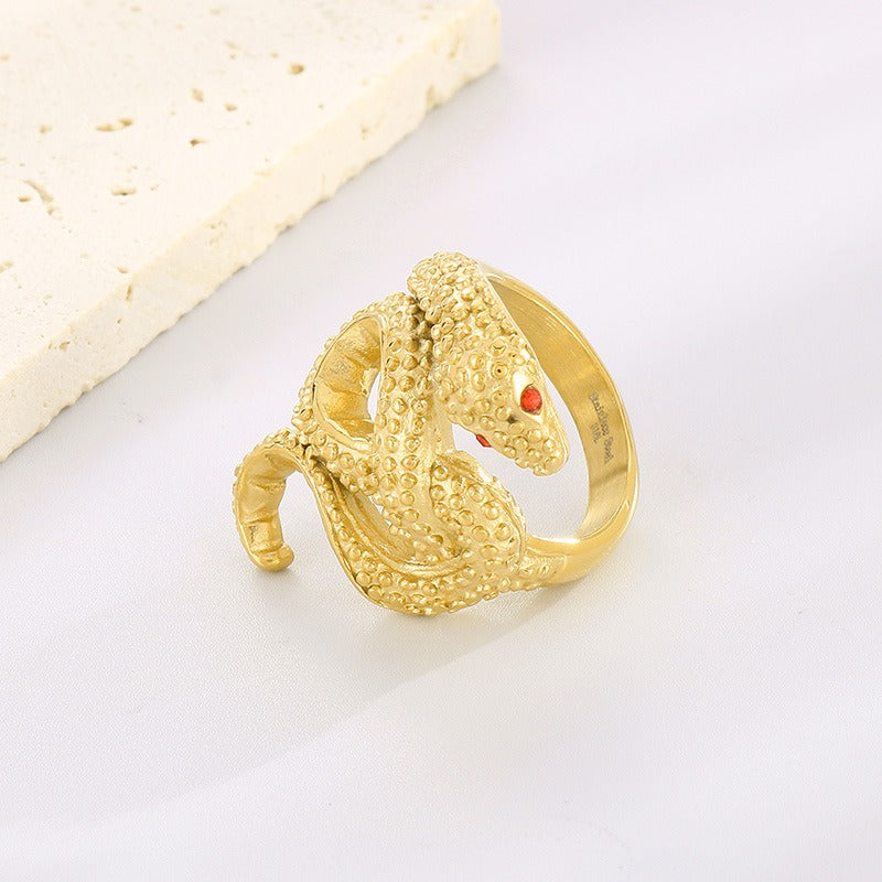 Kemstone Serpentine Titanium Steel Ring - Coiled Snake Design with Ruby Eyes, Vintage Gothic Jewelry for Men KR105952